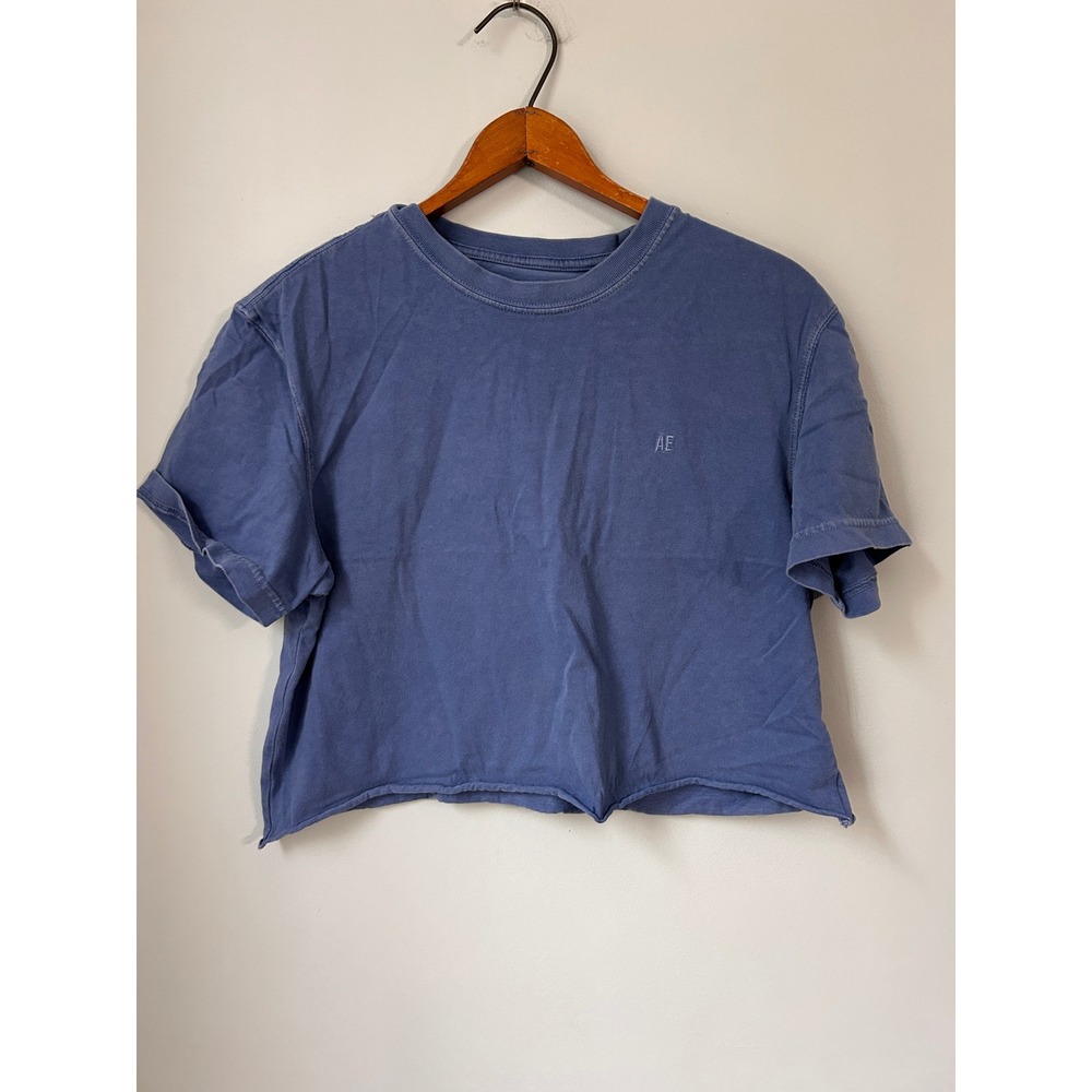 American Eagle Blue Raw Hem Crop Top Short Sleeve T-Shirt Small